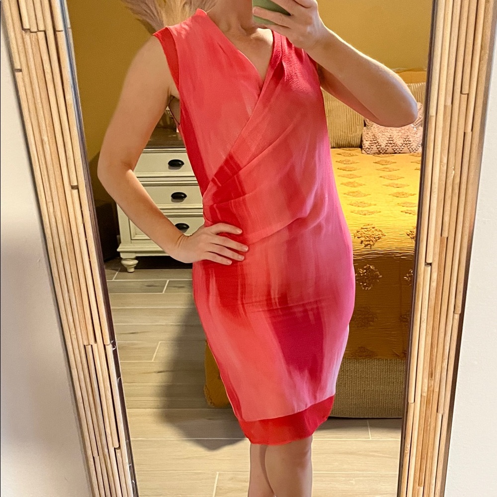T Tahari Coral to Red Sleeveless Wrap-Style Midi Dress